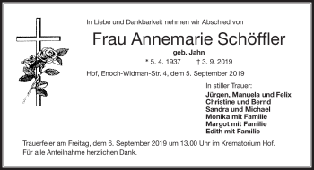 Traueranzeige von Annemarie Schöffler von Frankenpost