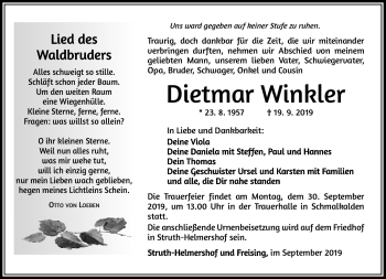 Traueranzeige von Dietmar Winkler von Südthüringer Presse