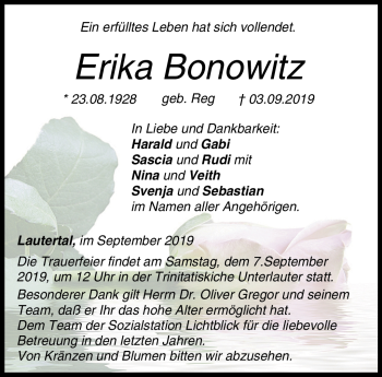 Traueranzeige von Erika Bonowitz von Neue Presse Coburg