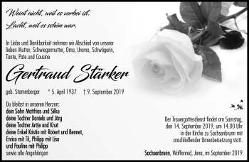 Traueranzeige von Gertraud Stärker von Südthüringer Presse