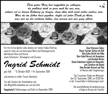 Traueranzeige von Ingrid Schmidt von Südthüringer Presse