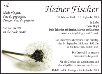Traueranzeige von Heinrich Fischer von Südthüringer Presse