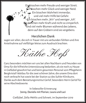 Traueranzeige von Käthe Heß von Südthüringer Presse
