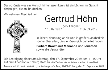 Traueranzeige von Gertrud Höhn von Neue Presse Coburg