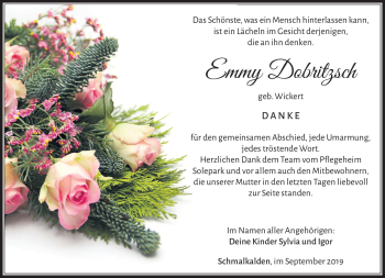 Traueranzeige von Emmy Dobritzsch von Südthüringer Presse
