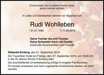 Traueranzeige von Rudi Wohlleben von Neue Presse Coburg