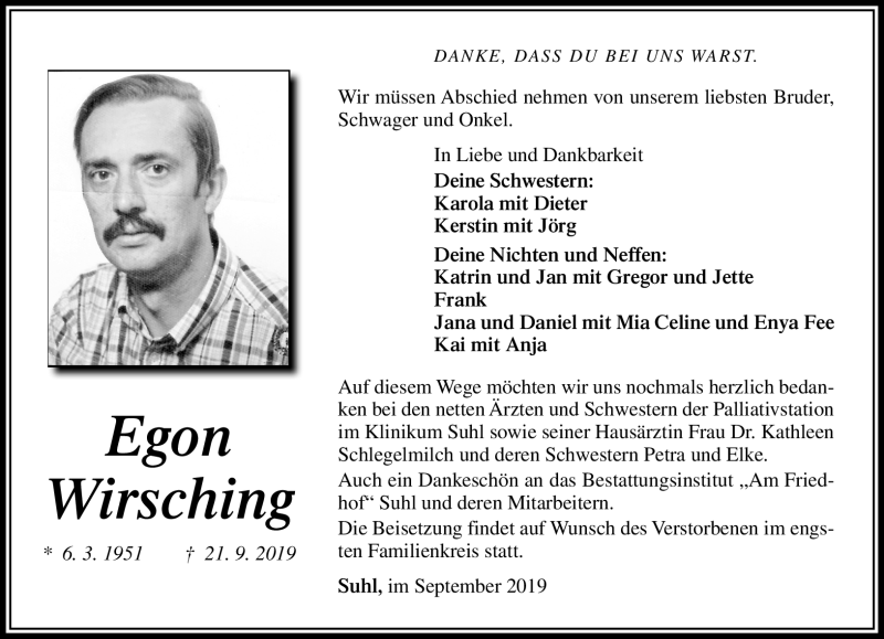  Traueranzeige für Egon Wirsching vom 28.09.2019 aus Südthüringer Presse