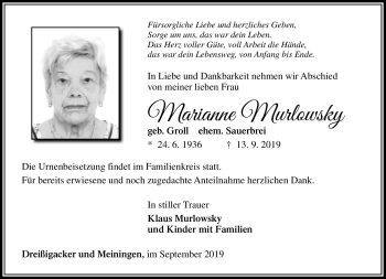 Traueranzeige von Marianne Murlowsky von Südthüringer Presse