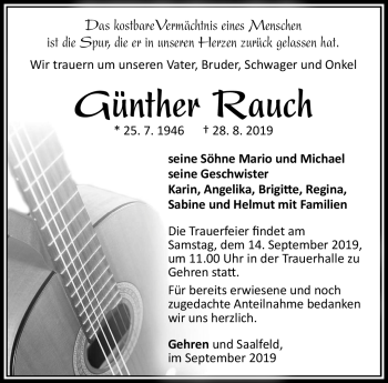 Traueranzeige von Günther Rauch von Südthüringer Presse