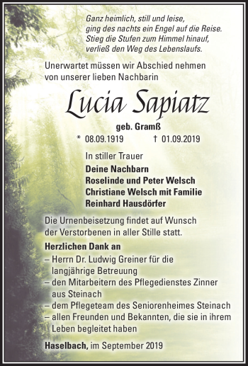 Traueranzeige von Lucia Sapiatz von Südthüringer Presse