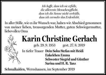 Traueranzeige von Karin Christine Gerlach von Südthüringer Presse