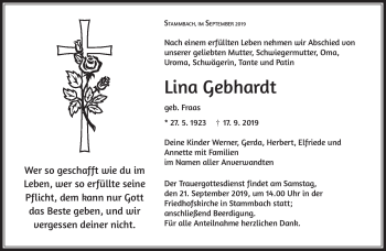 Traueranzeige von Lina Gebhardt von Frankenpost