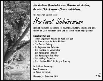 Traueranzeige von Hartmut Schünemann von Südthüringer Presse
