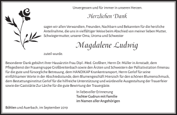 Traueranzeige von Magdalene Ludwig von Südthüringer Presse