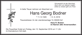 Traueranzeige von Hans Georg Bodern von Frankenpost