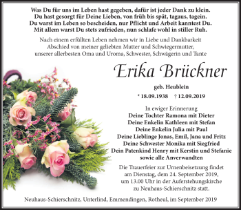 Traueranzeige von Erika Brückner von Südthüringer Presse
