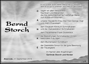 Traueranzeige von Bernd Storch von Südthüringer Presse
