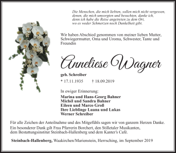 Traueranzeige von Anneliese Wagner von Südthüringer Presse