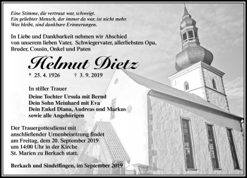Traueranzeige von Helmut Dietz von Südthüringer Presse
