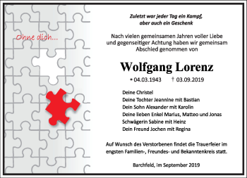 Traueranzeige von Wolfgang Lorenz von Südthüringer Presse