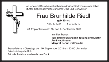 Traueranzeige von Brunnhilde Riedl von Frankenpost