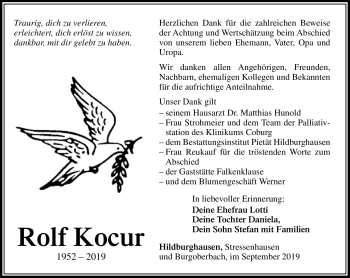 Traueranzeige von Rolf Kocur von Südthüringer Presse