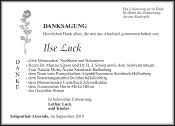 Traueranzeige von Ilse Luck von Südthüringer Presse