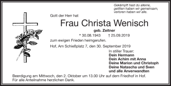 Traueranzeige von Christa Wenisch von Frankenpost