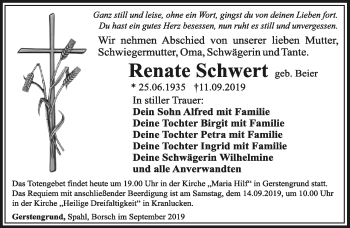 Traueranzeige von Renate Schwert von Südthüringer Presse