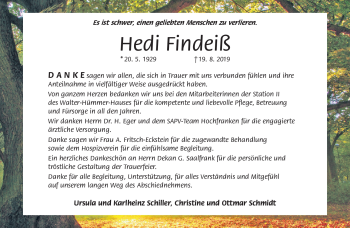 Traueranzeige von Hedi Findeiß von Frankenpost