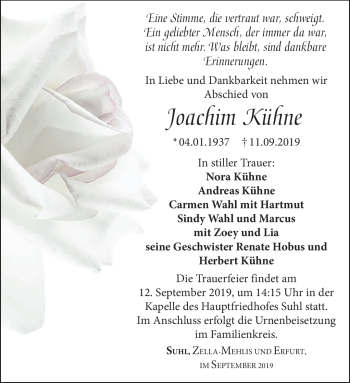 Traueranzeige von Joachim Kühne von Südthüringer Presse