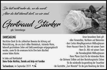 Traueranzeige von Gertraud Stärker von Südthüringer Presse