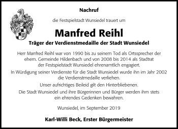 Traueranzeige von Manfred Reihl von Frankenpost