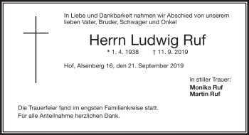 Traueranzeige von Ludwig Ruf von Frankenpost