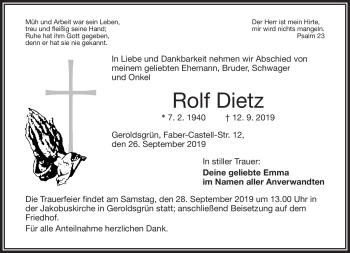 Traueranzeige von Rolf Dietz von Frankenpost