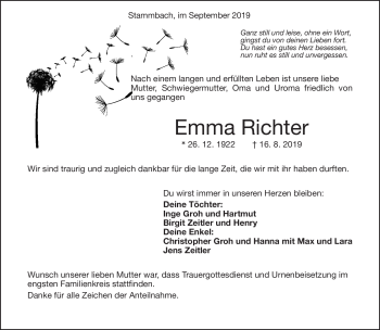 Traueranzeige von Emma Richter von Frankenpost