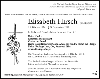 Traueranzeige von Elisabeth Hirsch von Südthüringer Presse