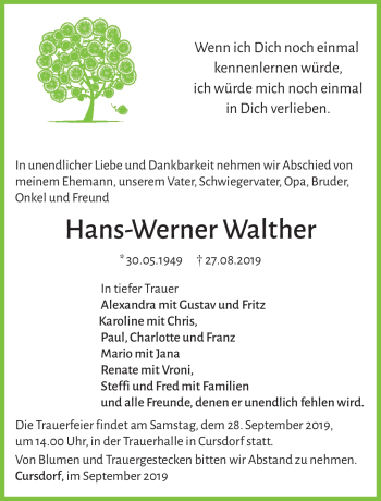 Traueranzeige von Hans-Werner Walther von Südthüringer Presse