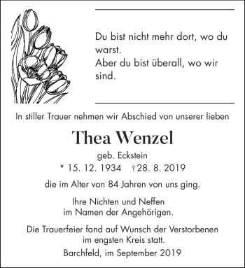 Traueranzeige von Thea Wenzel von Südthüringer Presse