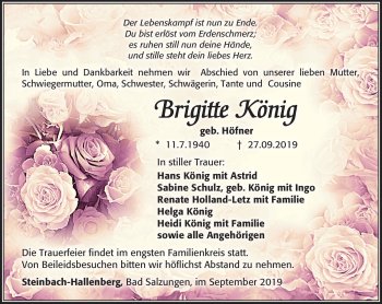 Traueranzeige von Brigitte König von Südthüringer Presse