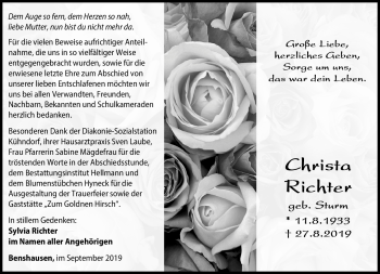 Traueranzeige von Christ Richter von Südthüringer Presse