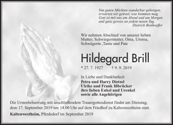 Traueranzeige von Hildegard Brill von Südthüringer Presse