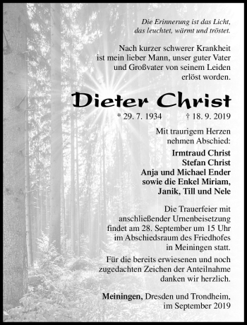 Traueranzeige von Dieter Christ von Südthüringer Presse
