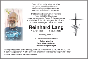 Traueranzeige von Reinhard Lang von Frankenpost