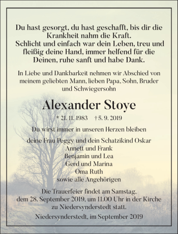 Traueranzeige von Alexander Stoye von Südthüringer Presse