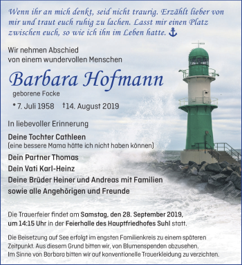 Traueranzeige von Barbara Hofmann von Südthüringer Presse