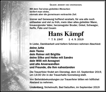 Traueranzeige von Hans Kämpf von Südthüringer Presse