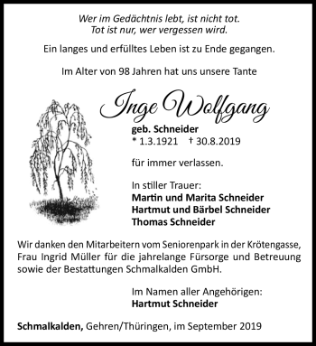 Traueranzeige von Inge Wolfgang von Südthüringer Presse