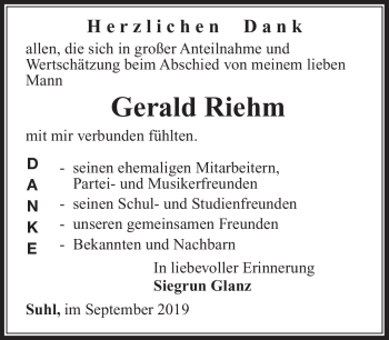 Traueranzeige von Gerald Riehm von Südthüringer Presse