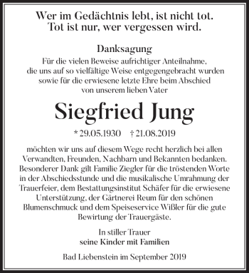 Traueranzeige von Siegfried Jung von Südthüringer Presse